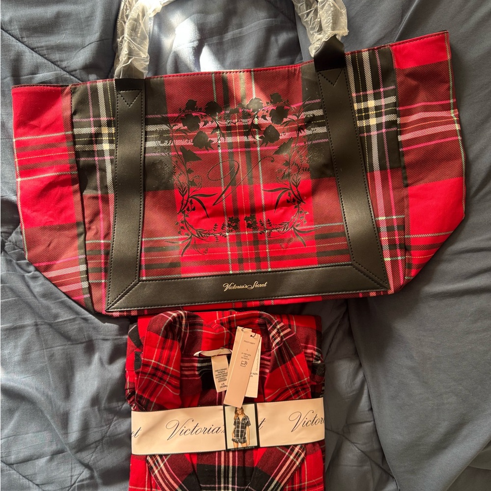NWT Victoria's Secret Red and Black Plaid Tote and Pajamas set - shorts and top!